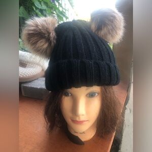Cute Black Knit double Pom Pom hat